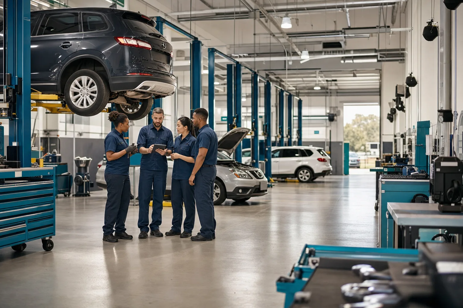 Wide view of macrobiotx automotive workshop with technicians collaborating near service bays, 1920x1080