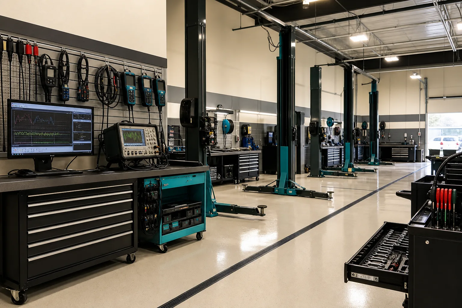 Diagnostic floor at macrobiotx with lift bays, scan tools and organized tool stations, 1200x800