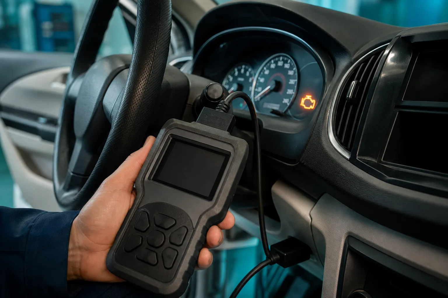 OBD-II scanner displaying check engine light trouble codes on dashboard during diagnosis, 1200x800