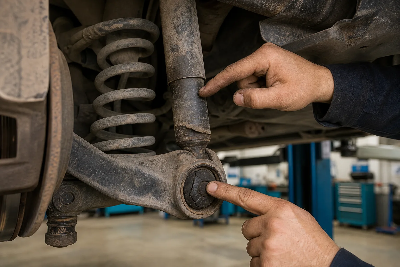 Worn shock absorber and control arm bushings inspected on vehicle lift at service center, 1200x800
