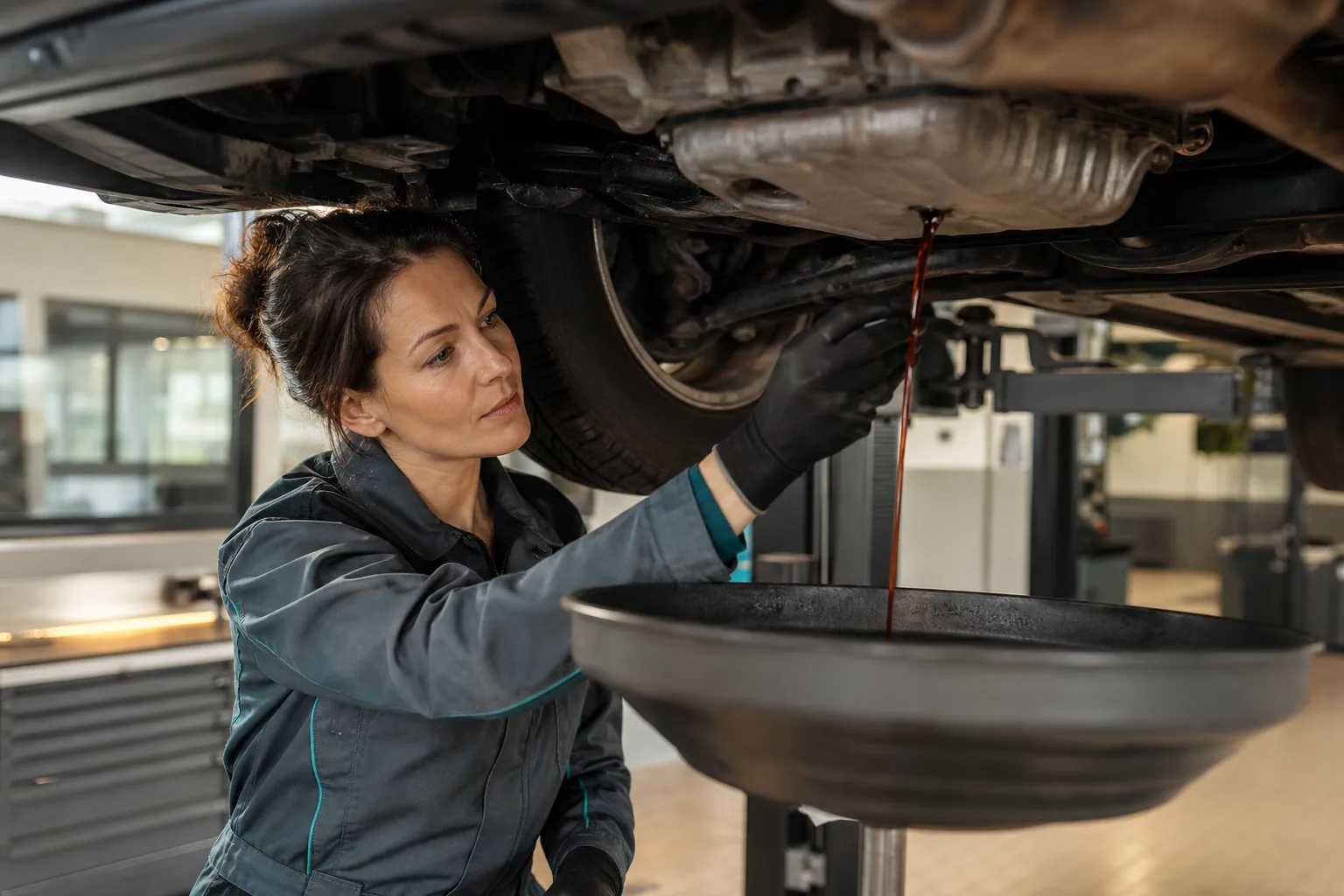 Technician draining automatic transmission fluid during scheduled maintenance service, 1200x800
