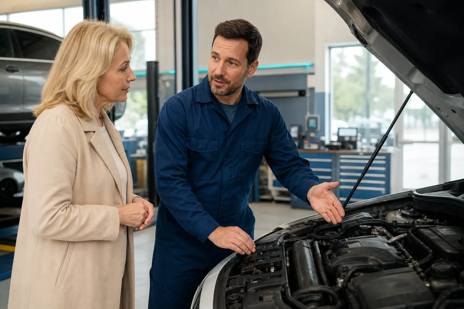 Technician explaining vehicle maintenance checklist to a car owner in a service bay, 1200x800