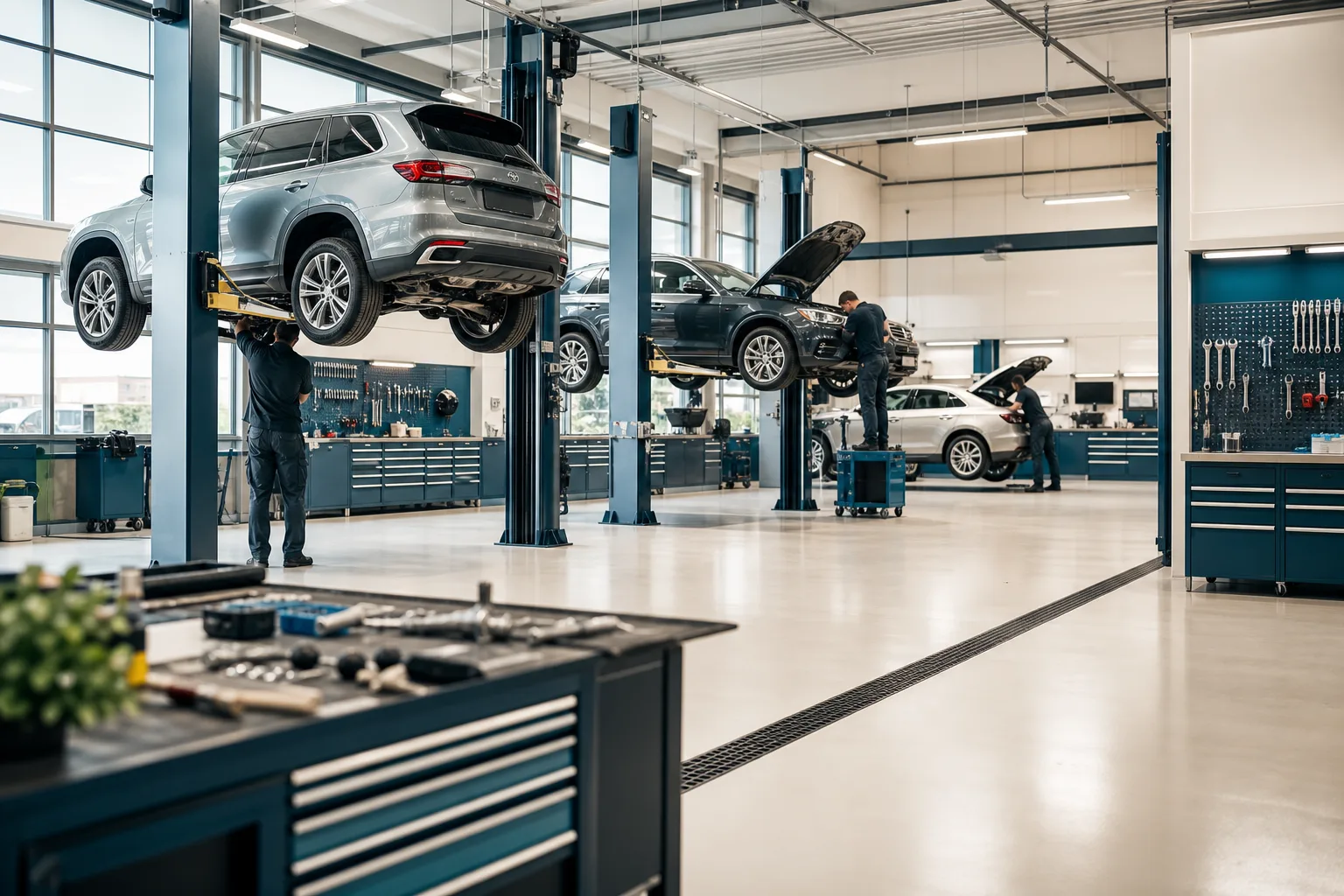 Modern auto service workshop interior with diagnostic equipment and technicians at work, 1920x1080